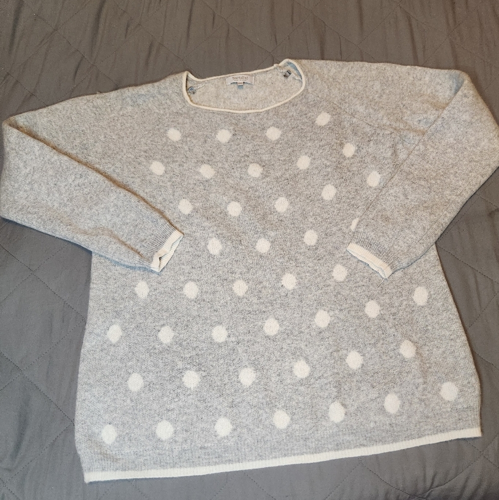 Bartolini Womens Size XL Wool Cashmere Grey White Polka Dot Crew‎ Neck Sweater